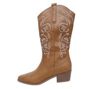 Womens Cowboy Boots Slip-on Waterproof Mid Calf Boots Comfortable and Stylish Western Cowgirl Boot Embroidery Stitched Fashionable Booties for Parties and Proms Dress Shoes Brown