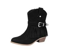 Women's Cowboy Boots Suede Wide Calf | Studs and Tassels Western Boots Mid Calf Block Heel Vintage for Country Music Wedding Daily Black
