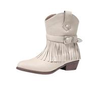 Women's Cowboy Boots Suede Wide Calf | Studs and Tassels Western Boots Mid Calf Block Heel Vintage for Country Music Wedding Daily White