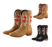 Womens Cowboy Boots Wide Fit Mid-Calf Slip On Cowgirl Boots Trendy Comfort Chunky Heel Boot Flower Embroidered Western Style Shoes Classic Retro Pointed Toe Country Cowboy Boot for Women UK