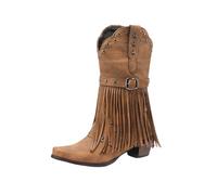 Women's Cowboy Boots With Fringe Retro Western Ankle Boots PU Leather Biker Booties With Buckle Autumn Winter Booties With Rivet Large Size Slip-On Shoes With Low Heels(Brown,5 UK)