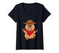 Womens Cowboy Capybara Cartoon Funny Wild West Water Pig Design V-Neck T-Shirt