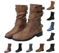 Women's Cowboy Cowgirl Boots, Calf Boots Low Heel Mid Calf Fashion Western Boots, Mid Calf Boots Women, Pull On Flat Pixie Boots Buckle Calf Length Slouch Boots