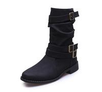 Women's Cowboy Cowgirl Boots, Calf Boots Low Heel Mid Calf Fashion Western Boots, Mid Calf Boots Women, Pull On Flat Pixie Boots Buckle Calf Length Slouch Boots