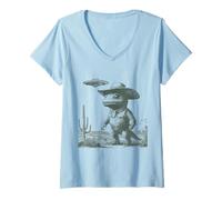 Women's Cowboy Dinosaur UFO Desert Alien Funny Western Dino V-Neck T-Shirt