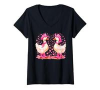 Women's Cowboy Duck Couple with Pink Hats & Boots Valentine V-Neck T-Shirt