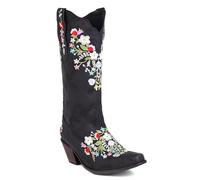 Womens Cowboy Embroidered Western Cowgirl Mid Calf Boots with Glitter Rhinestone Crystal Fashion Retro Classic Chunky Heel Pull On for Women Girls Ladies Black Size 5