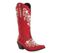 Womens Cowboy Embroidered Western Cowgirl Mid Calf Boots with Glitter Rhinestone Crystal Fashion Retro Classic Chunky Heel Pull On for Women Girls Ladies Red Size 9