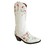 Womens Cowboy Embroidered Western Cowgirl Mid Calf Boots with Glitter Rhinestone Crystal Fashion Retro Classic Chunky Heel Pull On for Women Girls Ladies White Size 6