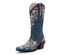 Womens Cowboy Embroidered Western Cowgirl Mid Calf Boots with Glitter Rhinestone Crystal Fashion Retro Classic Chunky Heel Pull On for Women Girls Ladies Blue Size 5