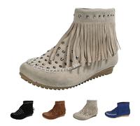 Women's Cowboy Fringe Boots Retro Suede Flat Ankle Chelsea Boots with Cowgirl Dress Round Toe Pull on Short Boot Shoes Western Ethnic Bohemian Wide Fit Booties for Christmas Party