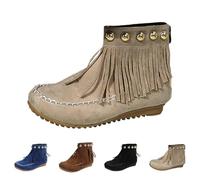 Women's Cowboy Fringe Boots Retro Suede Flat Ankle Chelsea Boots with Cowgirl Dress Round Toe Pull on Short Boot Shoes Western Ethnic Bohemian Wide Fit Booties for Christmas Party