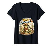 Women's Cowboy Frog Western Toad Sitting On Log Grumpy Sheriff V-Neck T-Shirt