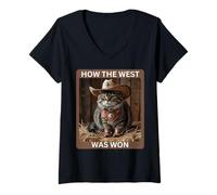 Womens Cowboy Kitty "How The West Was Won" Funny Western Cat Tee V-Neck T-Shirt