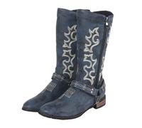 Womens Cowboy Knee High Boots Comfortable Pull On Side Zipper Cowgirl Boots Fashion Chunky Heel Embroidered Stitched Heel Mid Calf Boots Western Retro Tall Boot