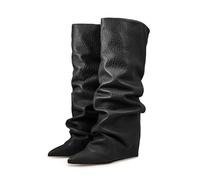 Womens Cowboy Knee High Boots Side Zipper Suede Slouch Riding Boots Pull On Over-the-Knee Leather Shoes Casual Fashion Style Suitable for Autumn and Winter Wear (Black, 5)