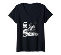 Womens Cowboy Riding Horse, Dark Western Art Black V-Neck T-Shirt