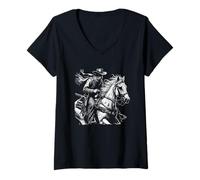 Womens Cowboy Riding Horse, Dark Western Art Black V-Neck T-Shirt