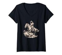 Womens Cowboy Riding Horse, Dark Western Vintage Look V-Neck T-Shirt