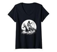 Womens Cowboy Riding Horse With Lasso, Dark Western Style Black V-Neck T-Shirt