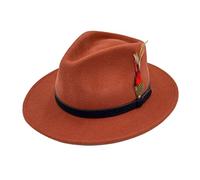 Womens Cowboy Style Adjustable Band Feather Hat Mens Fancy Trilby Wool Party Wear Hat Burnt Orange