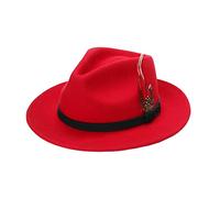 Womens Cowboy Style Adjustable Band Feather Hat Mens Fancy Trilby Wool Party Wear Hat Red