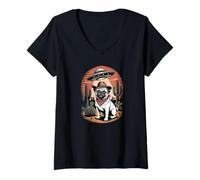 Womens Cowboy Style Pug Dog, with UFO Flying in The Back V-Neck T-Shirt