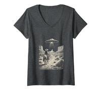 Womens Cowboy UFO Alien Encounter Horse Retro Western Desert V-Neck T-Shirt