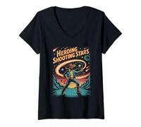 Womens Cowboy wrangler herding meteors with lasso among planets V-Neck T-Shirt
