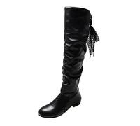 Women'S Cowgirl Boots With Square Heels Pleats High Tops Bows and Laces Reaching To The Knees Black Leather Boots Women (Black, 4)