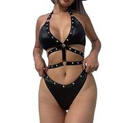 Women's Cowgirl Costume Leather Bikini Sexy Devil Cosplay Lingerie Studded Bandage Outfit 2 Piece High Waist Swimsuit