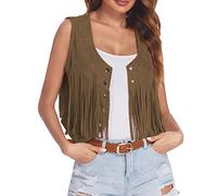 Womens Cowgirl Costume Sleeveless Fringe Waistcoat Cowboy Sheriff Tassel Vest Cosplay Outfits Cardigans Casual Vintage Hippie Waistcoat Fashion Lapel Loose Vest