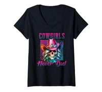 Womens Cowgirls Never Die Skull Art Wild West Sassy Rodeo Queen V-Neck T-Shirt