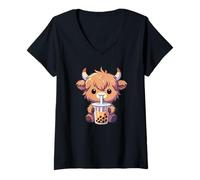 Womens Cows Drinking Bubble Tea Kawaii Boba Highland Cow V-Neck T-Shirt