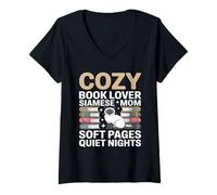 Women's Cozy Book Lover Siamese Mom Soft Pages Quiet Nights V-Neck T-Shirt