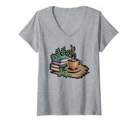 Womens Cozy Book Stack with Coffee and Flowers V-Neck T-Shirt