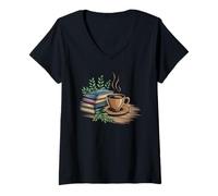 Womens Cozy Book Stack with Coffee and Flowers V-Neck T-Shirt