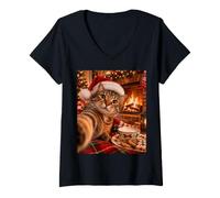 Women's Cozy Cat Fireplace Cookies for Santa Christmas Eve Hearth V-Neck T-Shirt