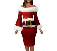 Womens Cozy Christmas Dress 2025 Women's Autumn and Winter Christmas Fashion Temperament Long Sleeved One Word Shoulder Wrap Hip Dress for Outdoor Home Party Xmas Gifts (Red, S)