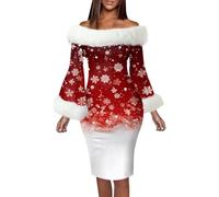 Womens Cozy Christmas Dress 2025 Women's Autumn and Winter Christmas Fashion Temperament Long Sleeved One Word Shoulder Wrap Hip Dress for Outdoor Home Party Xmas Gifts (Hot Pink, M)