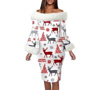 Womens Cozy Christmas Dress 2025 Women's Autumn and Winter Christmas Fashion Temperament Long Sleeved One Word Shoulder Wrap Hip Dress for Outdoor Home Party Xmas Gifts (White, S)