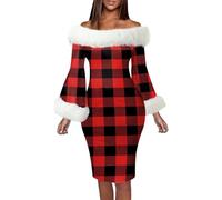 Womens Cozy Christmas Dress 2025 Women's Autumn and Winter Christmas Fashion Temperament Long Sleeved One Word Shoulder Wrap Hip Dress for Outdoor Home Party Xmas Gifts (Orange, XXL)