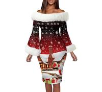Womens Cozy Christmas Dress 2025 Women's Autumn and Winter Christmas Fashion Temperament Long Sleeved One Word Shoulder Wrap Hip Dress for Outdoor Home Party Xmas Gifts (Watermelon Red, M)
