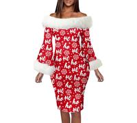 Womens Cozy Christmas Dress 2025 Women's Autumn and Winter Christmas Fashion Temperament Long Sleeved One Word Shoulder Wrap Hip Dress for Outdoor Home Party Xmas Gifts (Wine, XXL)