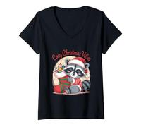 Womens Cozy Christmas Vibes Raccoon with Candy Cane Stocking V-Neck T-Shirt