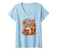 Women's Cozy Fall Vibes Autumn Sweaters Hot Drinks Harvest Leaves V-Neck T-Shirt