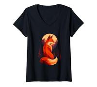 Women's Cozy Forest Leaves Whimsical Wildlife Art Autumn Fox V-Neck T-Shirt