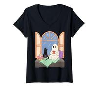 Women's Cozy Ghost Book Lover Spooky Season Reading Nook V-Neck T-Shirt