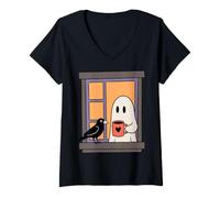 Women's Cozy Ghost Coffee Crow Window Halloween Spooky Season V-Neck T-Shirt