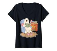Women's Cozy Ghost Reading Book Fireplace Bunny Slippers V-Neck T-Shirt